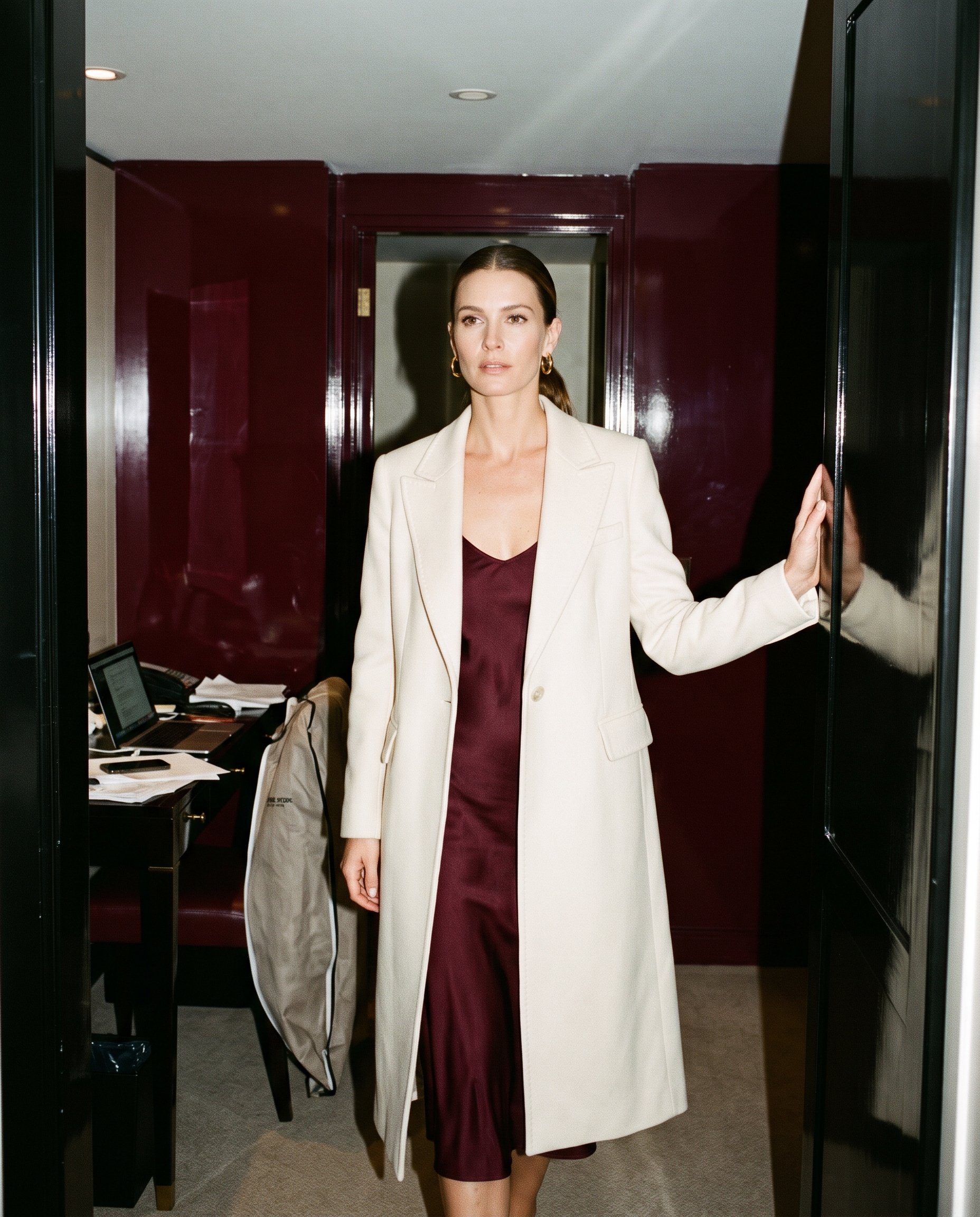 A woman at the threshold, coat over her arm, ready to begin again